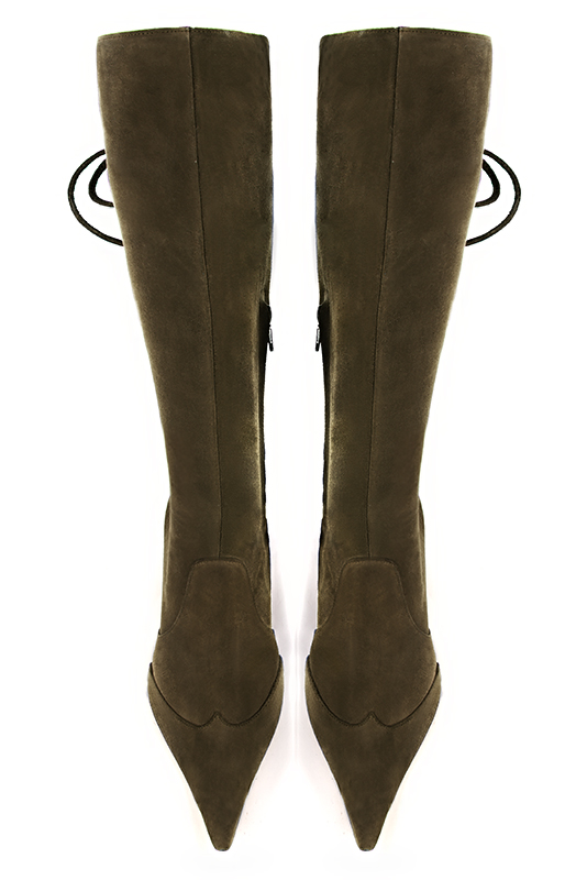 Khaki green women's knee-high boots, with laces at the back. Pointed toe. High block heels. Made to measure. Top view - Florence KOOIJMAN